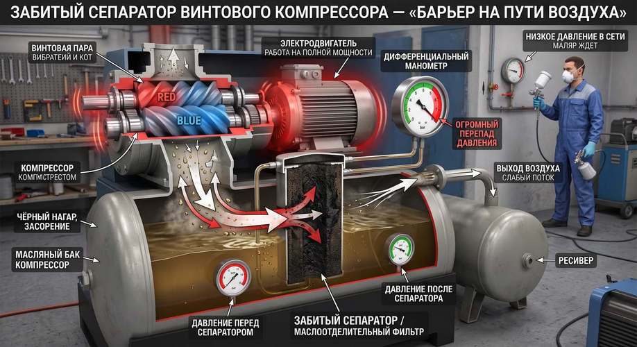 Забитыи_сепаратор_винтового_компрессора__Барьер_на_пути_воздуха.jpeg